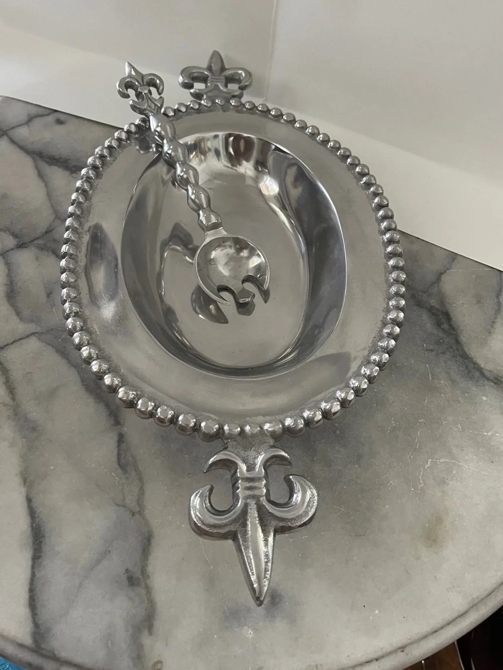 Vintage Oval Beaded Edge Decorative Silver Bowl with Fleur-de-Lis Handle & Spoon
